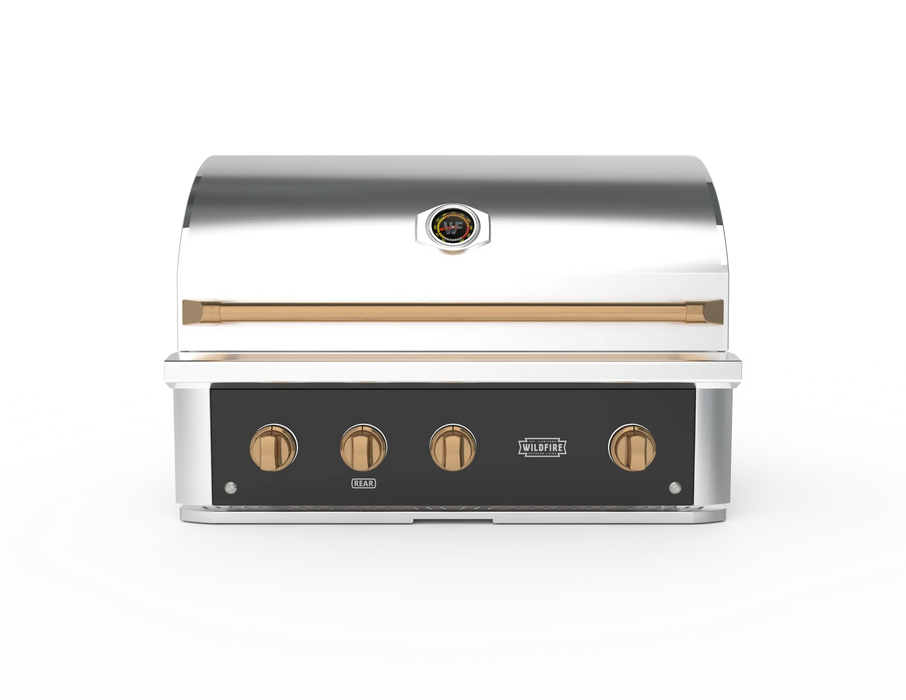 Wildfire Ranch Pro 36" gas grill in black stainless steel with brushed bronze Designer Finish knobs and handle, front view