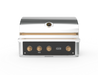 Wildfire Ranch Pro 36" gas grill in black stainless steel with brushed bronze Designer Finish knobs and handle, front view