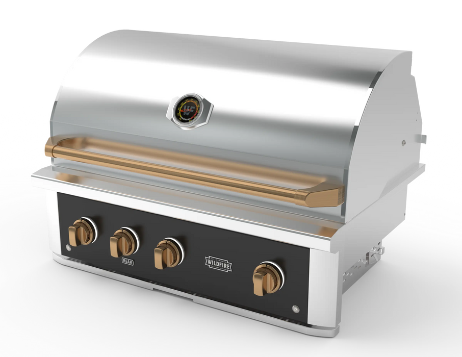 Wildfire Ranch Pro 36" gas grill in black stainless steel with brushed bronze Designer Finish knobs and handle, angled view