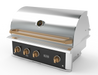 Wildfire Ranch Pro 36" gas grill in black stainless steel with brushed bronze Designer Finish knobs and handle, angled view