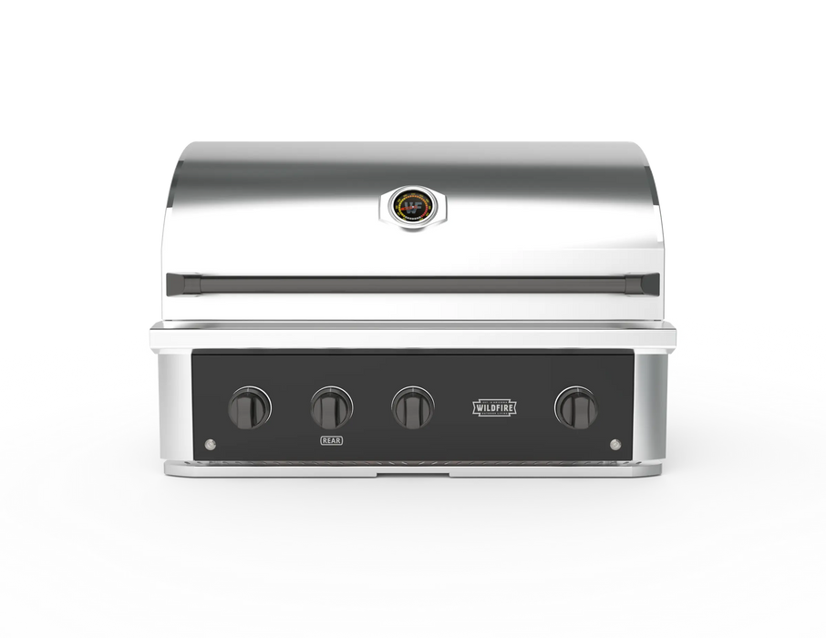 Wildfire Ranch Pro 36" gas grill in black stainless steel with chrome black Designer Finish knobs and handle, front view