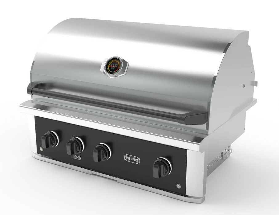 Wildfire Ranch Pro 36" gas grill in black stainless steel with chrome black Designer Finish knobs and handle, angled view