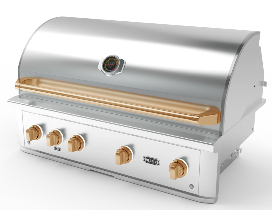 Wildfire Ranch Pro 42" gas grill in stainless steel with brushed bronze Designer Finish knobs and handle, angled view