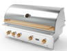 Wildfire Ranch Pro 42" gas grill in stainless steel with brushed bronze Designer Finish knobs and handle, angled view