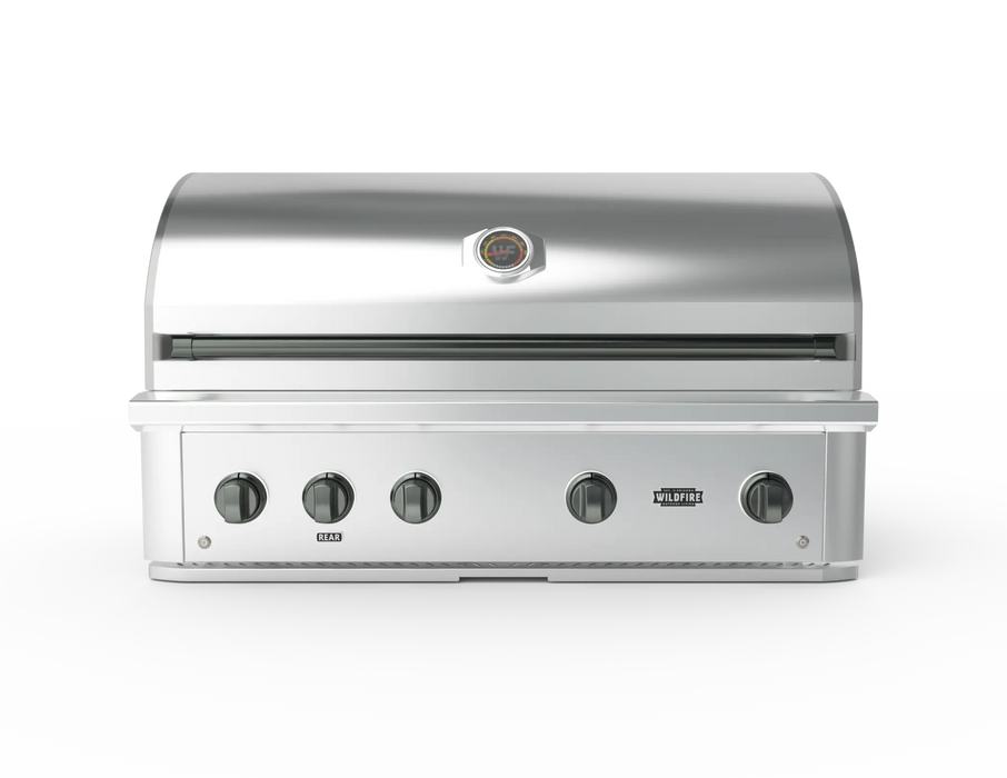 Wildfire Ranch Pro 42" gas grill in stainless steel with chrome black Designer Finish knobs and handle, front view