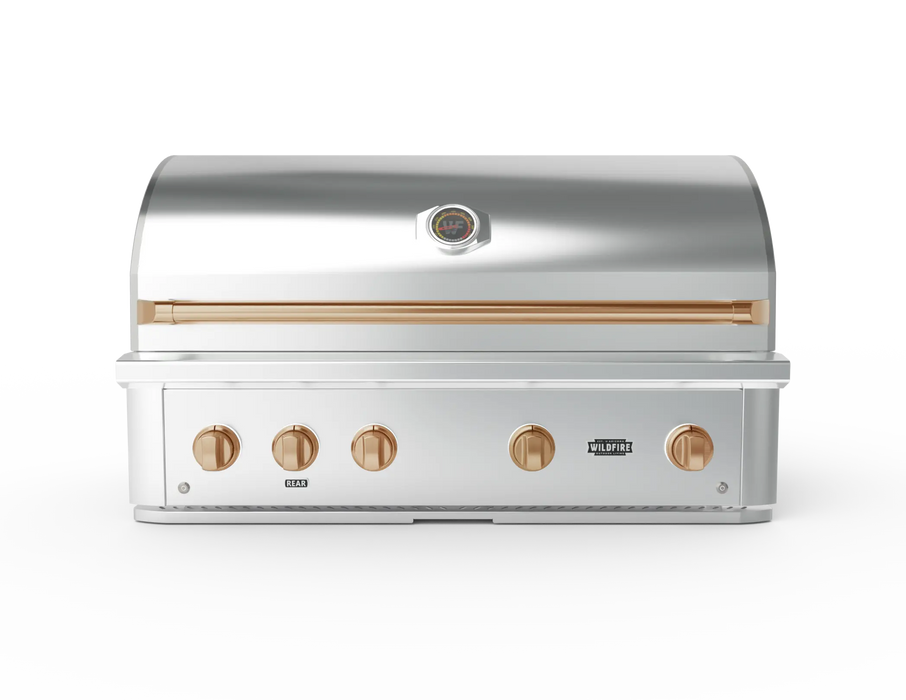 Wildfire Ranch Pro 42" gas grill in stainless steel with brushed bronze Designer Finish knobs and handle, front view