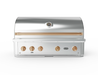 Wildfire Ranch Pro 42" gas grill in stainless steel with brushed bronze Designer Finish knobs and handle, front view