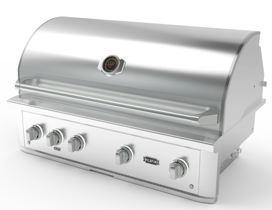 Wildfire Ranch Pro 42" gas grill in stainless steel, angled view