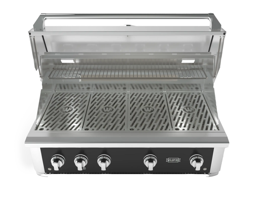 Wildfire Ranch Pro 42" gas grill in black stainless steel, front view with the hood open