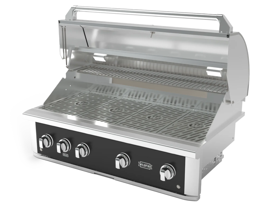 Wildfire Ranch Pro 42" gas grill in black stainless steel, angled view with the hood open