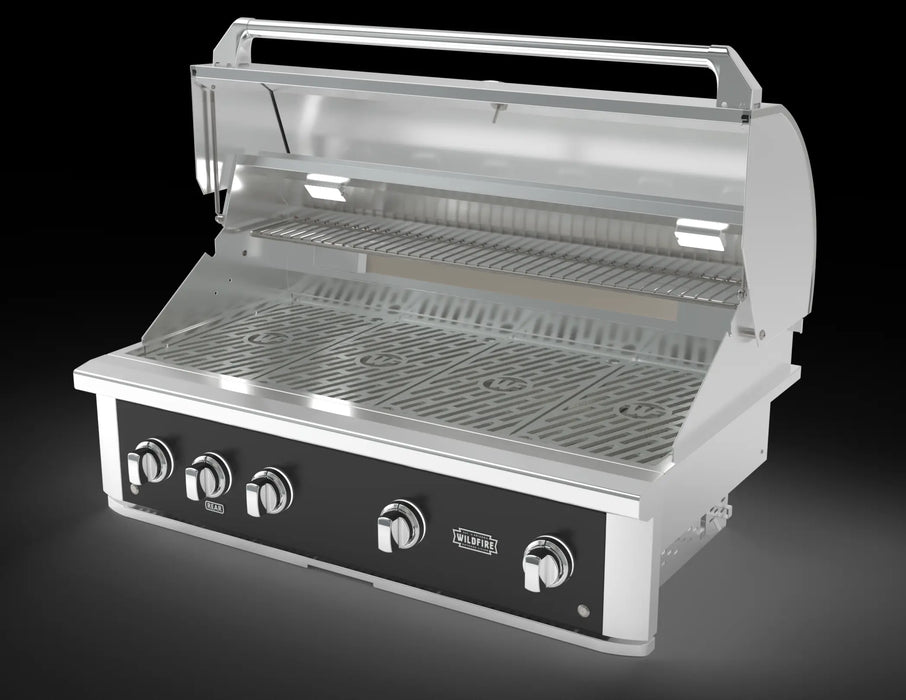 Wildfire Ranch Pro 42" gas grill in black stainless steel, angled view with the hood open