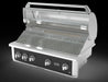 Wildfire Ranch Pro 42" gas grill in black stainless steel, angled view with the hood open