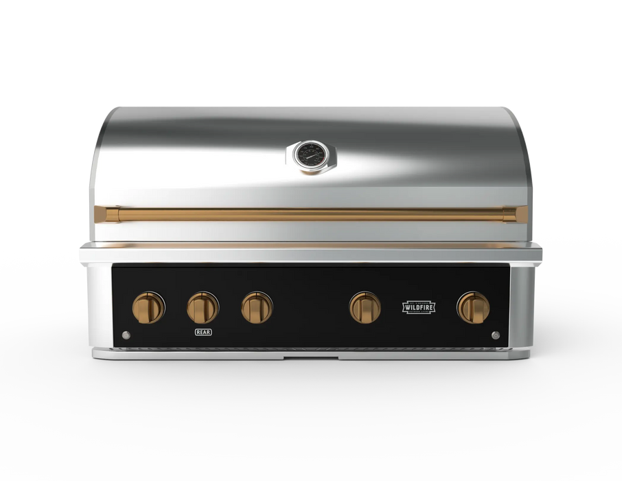 Wildfire Ranch Pro 42" gas grill in black stainless steel with brushed bronze Designer Finish knobs and handle, front view