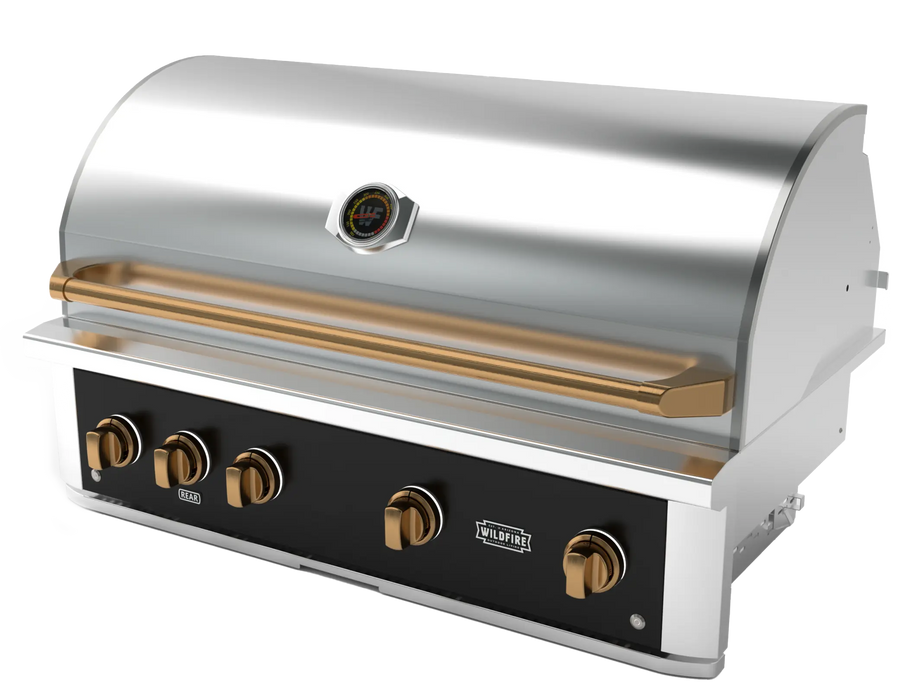 Wildfire Ranch Pro 42" gas grill in black stainless steel with brushed bronze Designer Finish knobs and handle, angled view