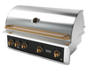 Wildfire Ranch Pro 42" gas grill in black stainless steel with brushed bronze Designer Finish knobs and handle, angled view