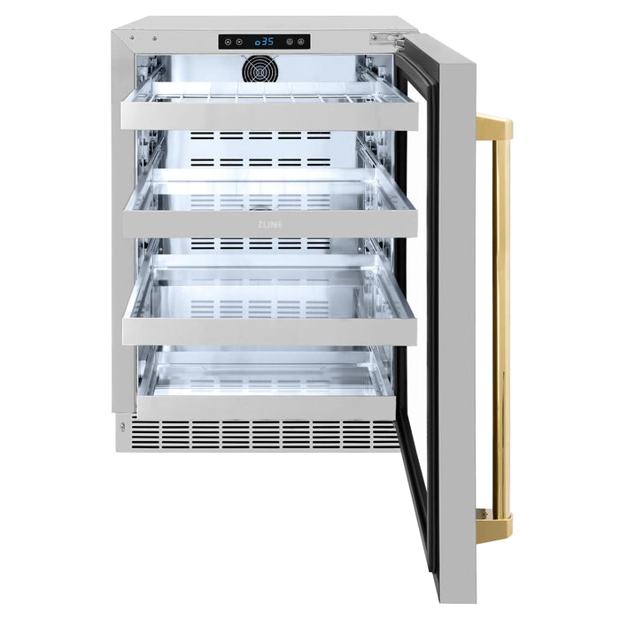 ZLINE 24" Autograph Edition Touchstone 151 Can Beverage Fridge with Stainless Steel Glass Door and Polished Gold Handle,  RBSOZ-GS-24-G ZLINE Dreamwood Living