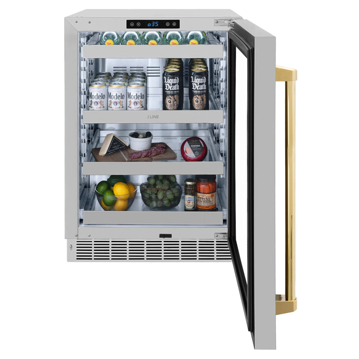 ZLINE 24" Autograph Edition Touchstone 151 Can Beverage Fridge with Stainless Steel Glass Door and Polished Gold Handle,  RBSOZ-GS-24-G ZLINE Dreamwood Living