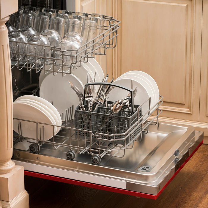 ZLINE 24" Classic Top Control Dishwasher in Red Matte with Traditional Style Handle, DW-RM-24 ZLINE