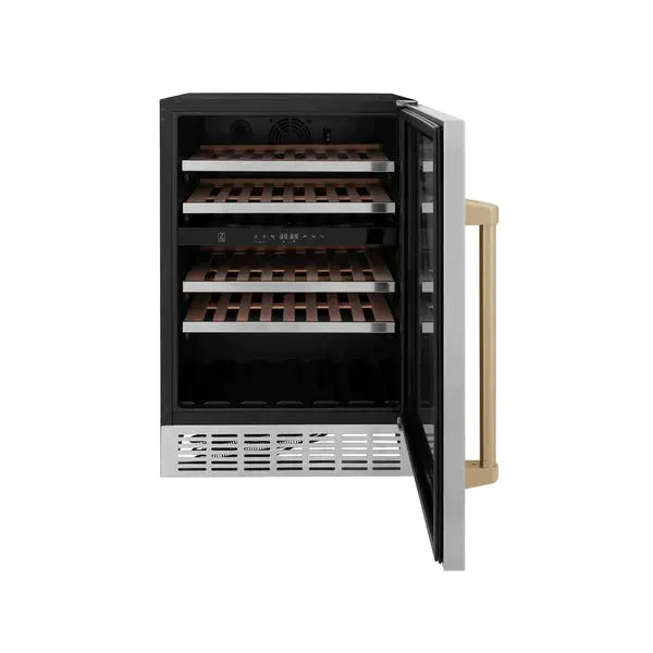 ZLINE 24" Monument Autograph Edition Dual Zone 44-Bottle Wine Cooler in Stainless Steel with Champagne Bronze Accents, RWVZ-UD-24-CB ZLINE
