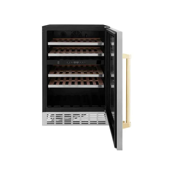 ZLINE 24" Monument Autograph Edition Dual Zone 44-Bottle Wine Cooler in Stainless Steel with Gold Accents, RWVZ-UD-24-G ZLINE
