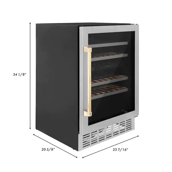 ZLINE 24" Monument Autograph Edition Dual Zone 44-Bottle Wine Cooler in Stainless Steel with Gold Accents, RWVZ-UD-24-G ZLINE