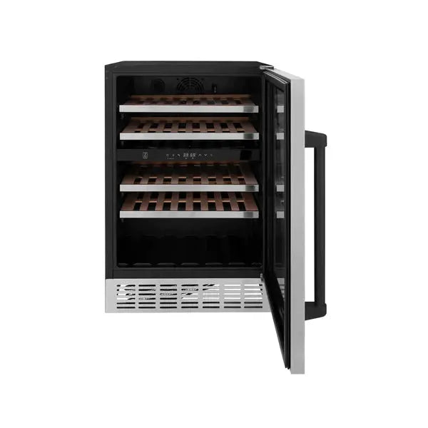 ZLINE 24" Monument Autograph Edition Dual Zone 44-Bottle Wine Cooler in Stainless Steel with Matte Black Accents, RWVZ-UD-24-MB ZLINE