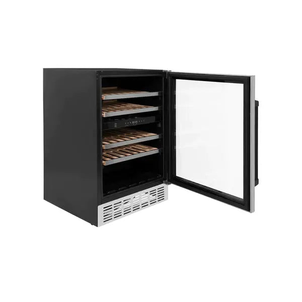 ZLINE 24" Monument Autograph Edition Dual Zone 44-Bottle Wine Cooler in Stainless Steel with Matte Black Accents, RWVZ-UD-24-MB ZLINE