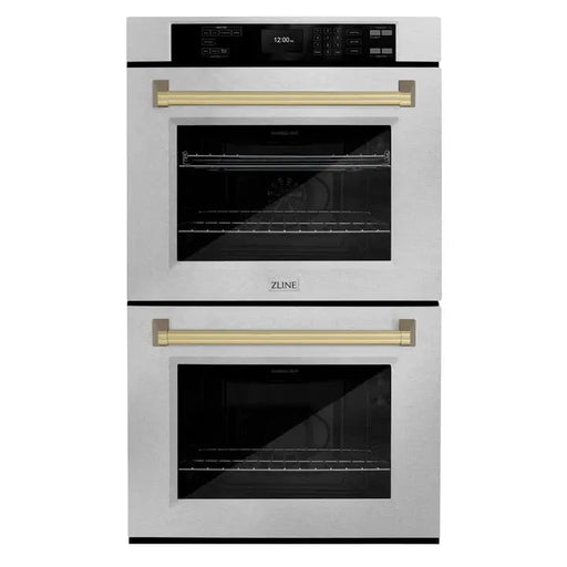 ZLINE 30" Autograph Double Wall Oven with Air Fry and Self-Clean in DuraSnow® Stainless Steel and Champagne Bronze Handle, WADSZ-30-CB ZLINE Dreamwood Living