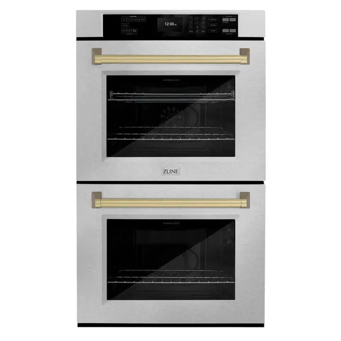 ZLINE 30" Autograph Double Wall Oven with Air Fry and Self-Clean in DuraSnow® Stainless Steel and Champagne Bronze Handle, WADSZ-30-CB ZLINE Dreamwood Living