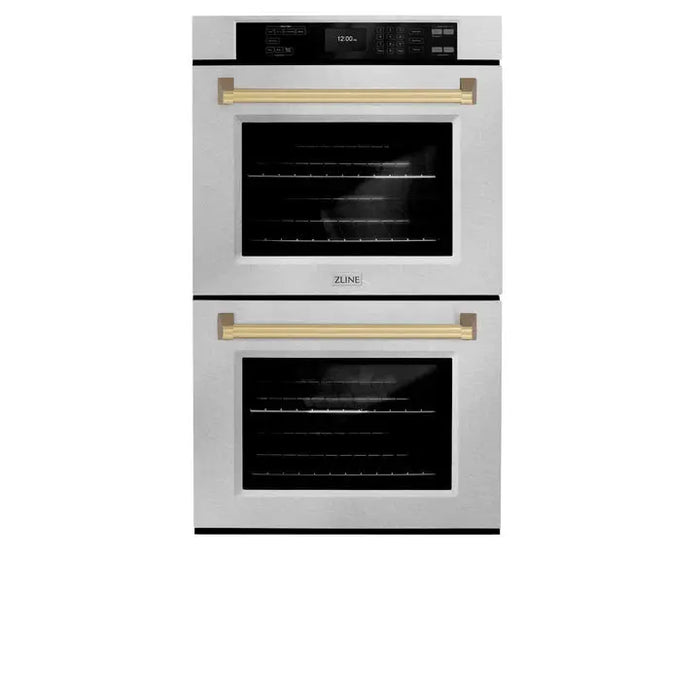 ZLINE 30" Autograph Double Wall Oven with Air Fry and Self-Clean in DuraSnow® Stainless Steel and Champagne Bronze Handle, WADSZ-30-CB ZLINE Dreamwood Living