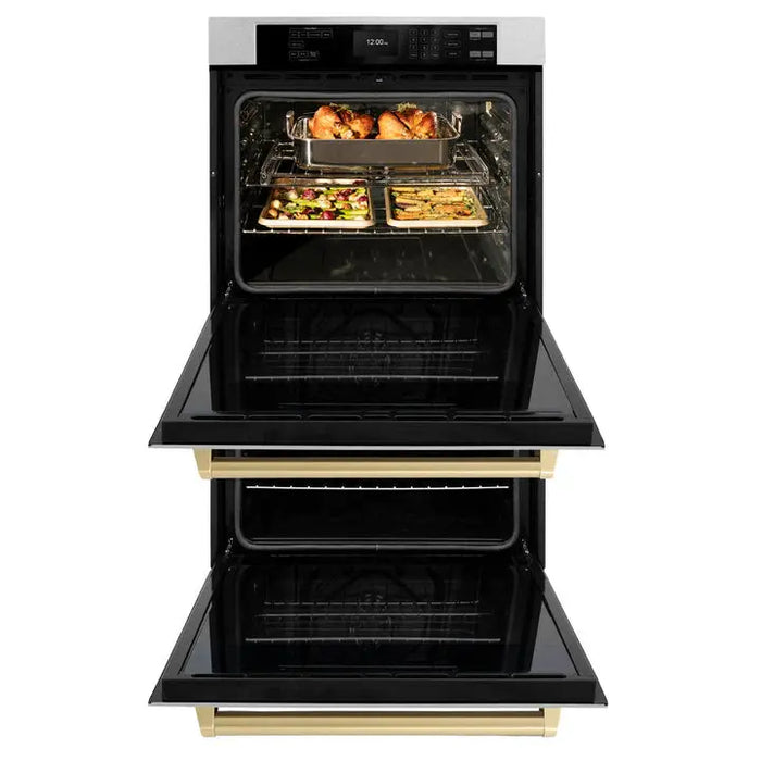 ZLINE 30" Autograph Double Wall Oven with Air Fry and Self-Clean in DuraSnow® Stainless Steel and Champagne Bronze Handle, WADSZ-30-CB ZLINE Dreamwood Living