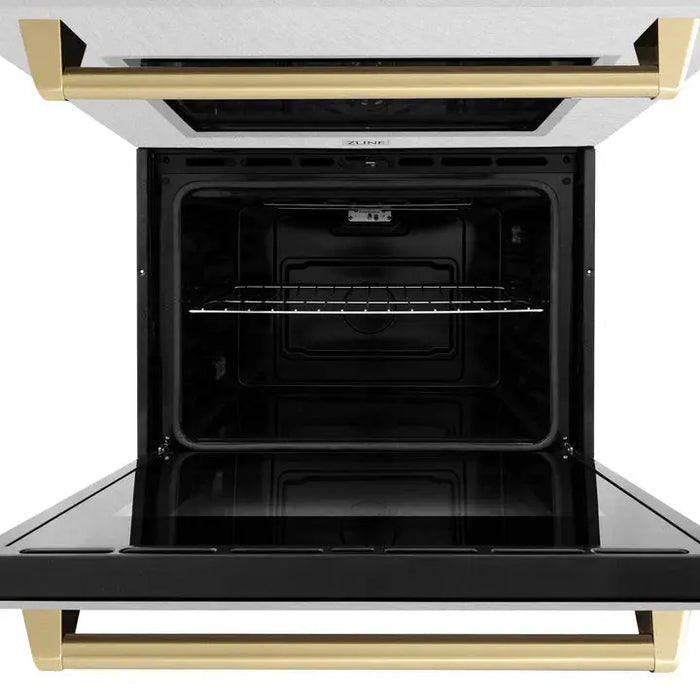 ZLINE 30" Autograph Double Wall Oven with Air Fry and Self-Clean in DuraSnow® Stainless Steel and Champagne Bronze Handle, WADSZ-30-CB ZLINE Dreamwood Living