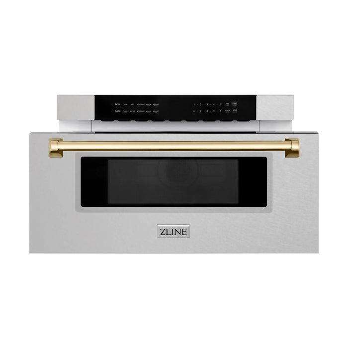 ZLINE 30" Autograph Edition Built-In Microwave Drawer In DuraSnow® Stainless Steel With Gold Accents, MWDZ-30-SS-G ZLINE