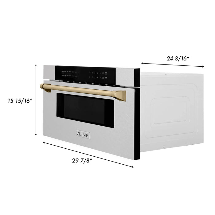 ZLINE 30" Autograph Edition Built-In Microwave Drawer In DuraSnow® Stainless Steel With Gold Accents, MWDZ-30-SS-G ZLINE