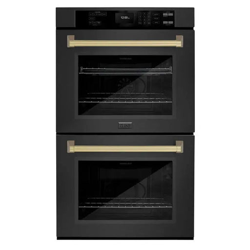 ZLINE 30" Autograph Edition Double Wall Oven with Air Fry and Self-Clean in Black and Champagne Bronze Handle, WADBZ-30-CB ZLINE Dreamwood Living