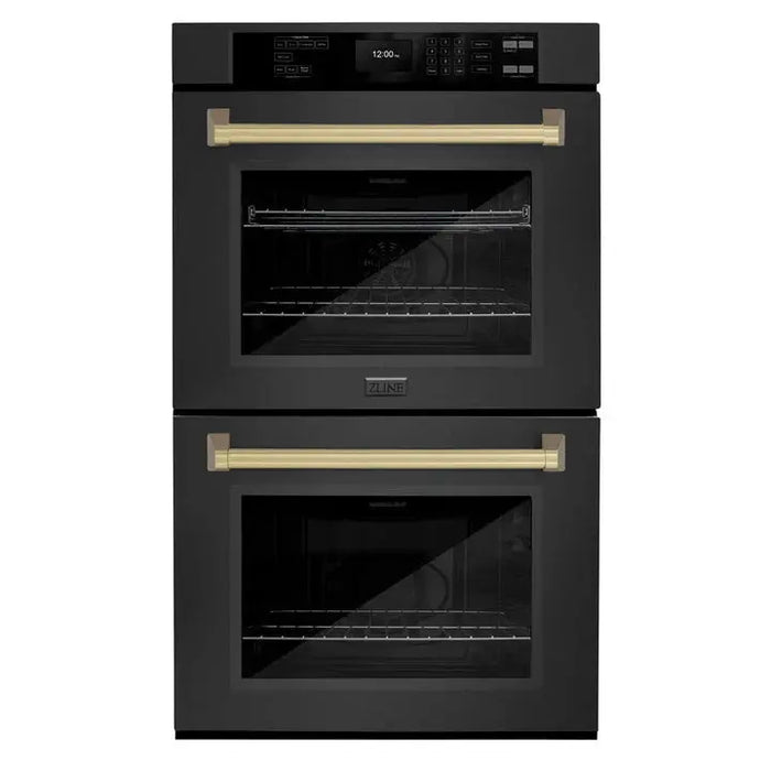 ZLINE 30" Autograph Edition Double Wall Oven with Air Fry and Self-Clean in Black and Champagne Bronze Handle, WADBZ-30-CB ZLINE Dreamwood Living