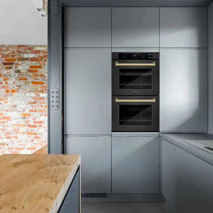 ZLINE 30" Autograph Edition Double Wall Oven with Air Fry and Self-Clean in Black and Champagne Bronze Handle, WADBZ-30-CB ZLINE Dreamwood Living