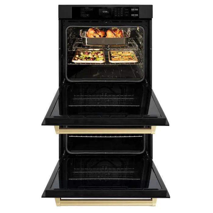 ZLINE 30" Autograph Edition Double Wall Oven with Air Fry and Self-Clean in Black and Champagne Bronze Handle, WADBZ-30-CB ZLINE Dreamwood Living