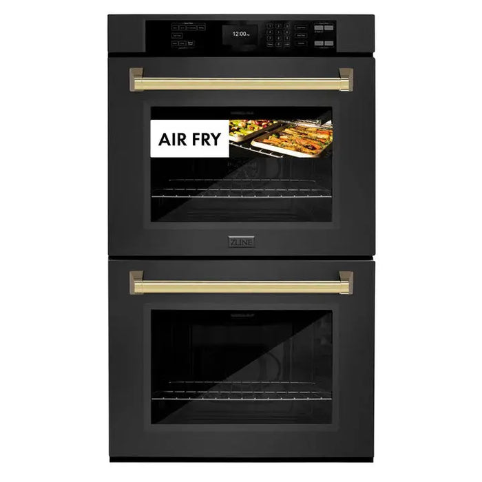 ZLINE 30" Autograph Edition Double Wall Oven with Air Fry and Self-Clean in Black and Gold Handle, WADBZ-30-G ZLINE Dreamwood Living