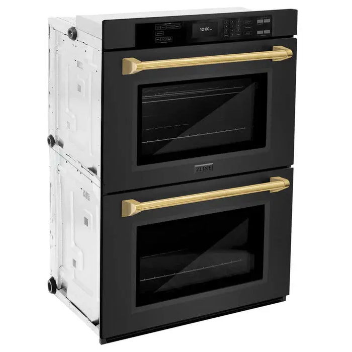ZLINE 30" Autograph Edition Double Wall Oven with Air Fry and Self-Clean in Black and Gold Handle, WADBZ-30-G ZLINE Dreamwood Living