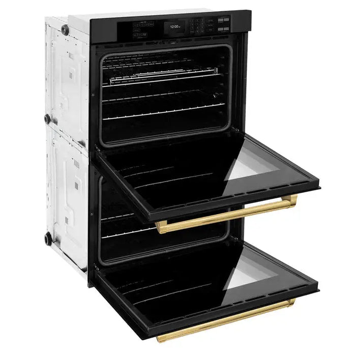 ZLINE 30" Autograph Edition Double Wall Oven with Air Fry and Self-Clean in Black and Gold Handle, WADBZ-30-G ZLINE Dreamwood Living