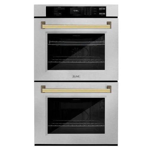 ZLINE 30" Autograph Edition Double Wall Oven with Air Fry and Self-Clean in DuraSnow® Stainless Steel and Gold Handle, WADSZ-30-G ZLINE Dreamwood Living