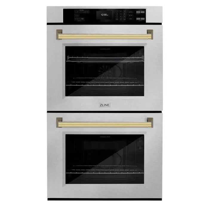 ZLINE 30" Autograph Edition Double Wall Oven with Air Fry and Self-Clean in DuraSnow® Stainless Steel and Gold Handle, WADSZ-30-G ZLINE Dreamwood Living