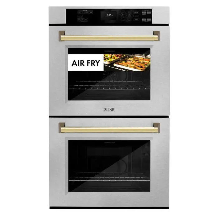 ZLINE 30" Autograph Edition Double Wall Oven with Air Fry and Self-Clean in DuraSnow® Stainless Steel and Gold Handle, WADSZ-30-G ZLINE Dreamwood Living