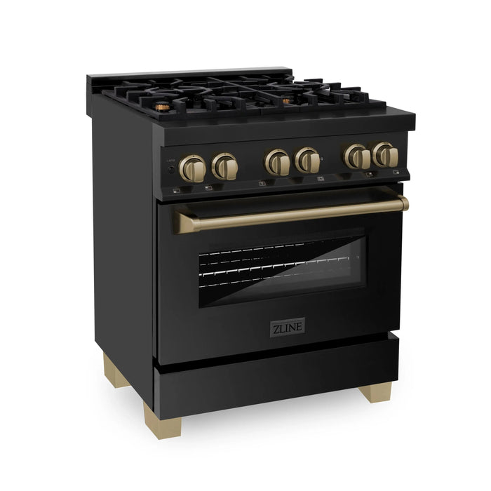 ZLINE 30" Autograph Edition Dual Fuel Range in Black Stainless Steel with Champagne Bronze Accents, RABZ-30-CB ZLINE