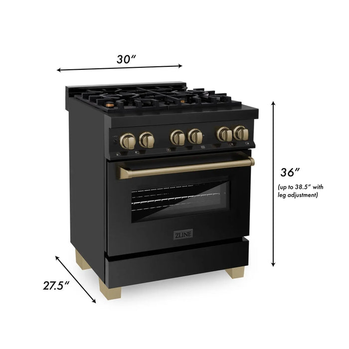 ZLINE 30" Autograph Edition Dual Fuel Range in Black Stainless Steel with Champagne Bronze Accents, RABZ-30-CB ZLINE