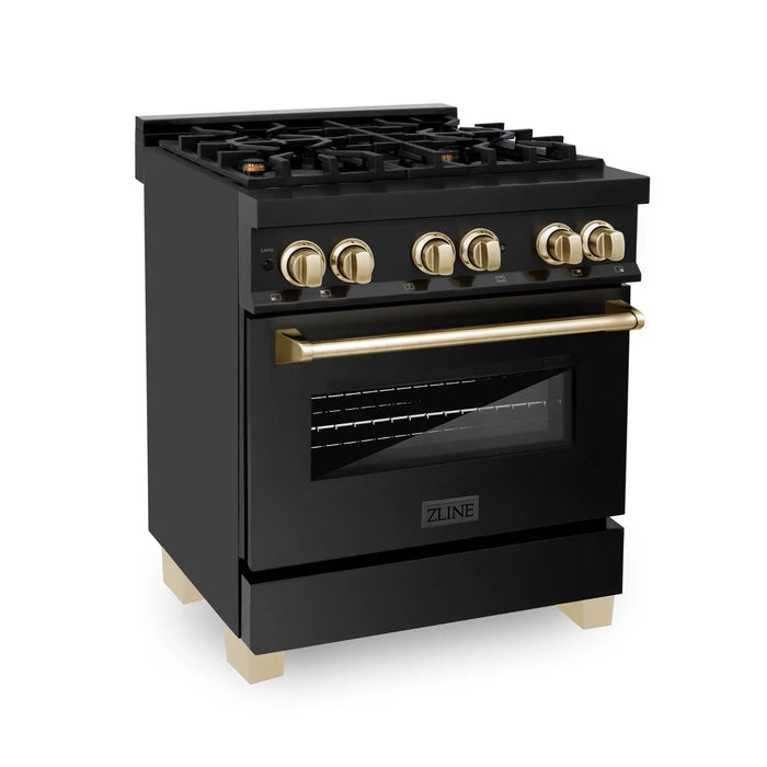 ZLINE 30" Autograph Edition Dual Fuel Range in Black Stainless Steel with Gold Accents, RABZ-30-G ZLINE Dreamwood Living