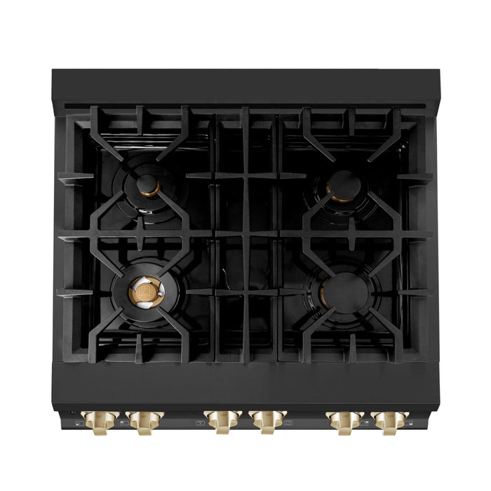 ZLINE 30" Autograph Edition Dual Fuel Range in Black Stainless Steel with Gold Accents, RABZ-30-G ZLINE Dreamwood Living
