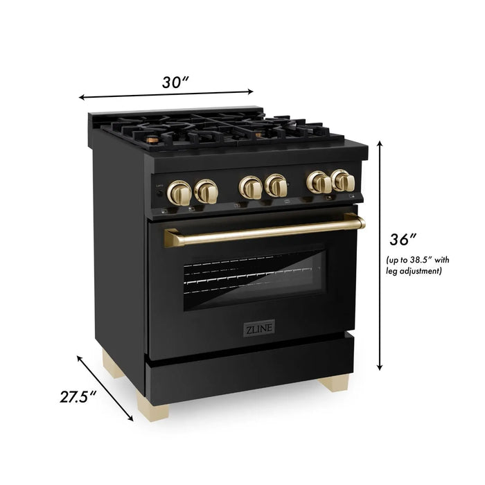 ZLINE 30" Autograph Edition Dual Fuel Range in Black Stainless Steel with Gold Accents, RABZ-30-G ZLINE Dreamwood Living