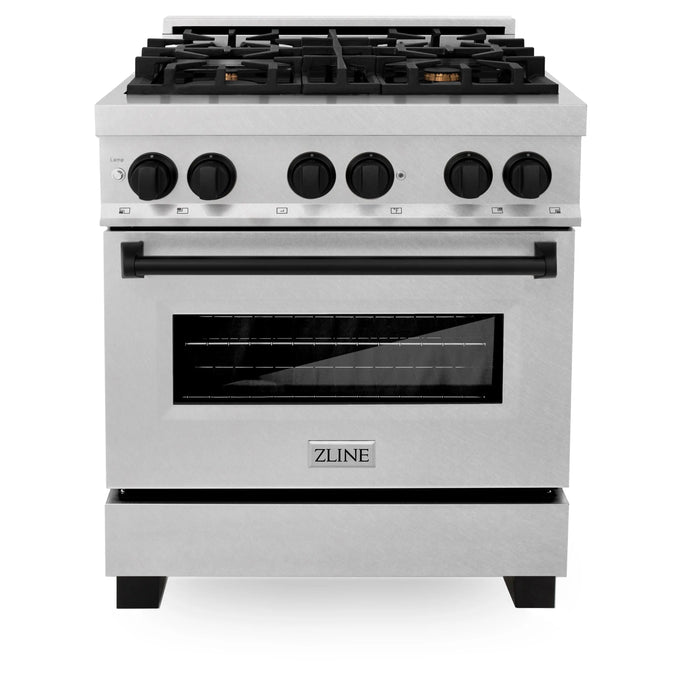 ZLINE 30" Autograph Edition Dual Fuel Range in DuraSnow® Stainless Steel with Matte Black Accents, RASZ-SN-30-MB ZLINE Dreamwood Living